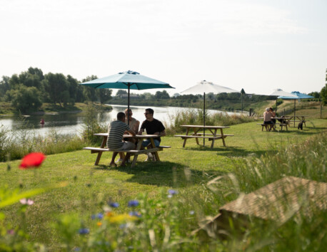 Picknicktafels staan langs rivier de Maas op Camping de Boomgaard