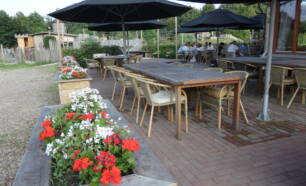 Rustige terras met houten tafels, parasols en kleurrijke bloemen.