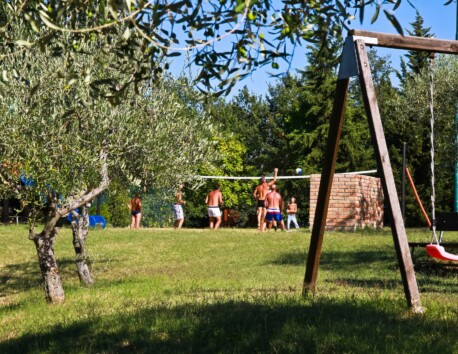 Campinggasten spelen volleybal schommel olijfbomen Centro Vacanze San Marino
